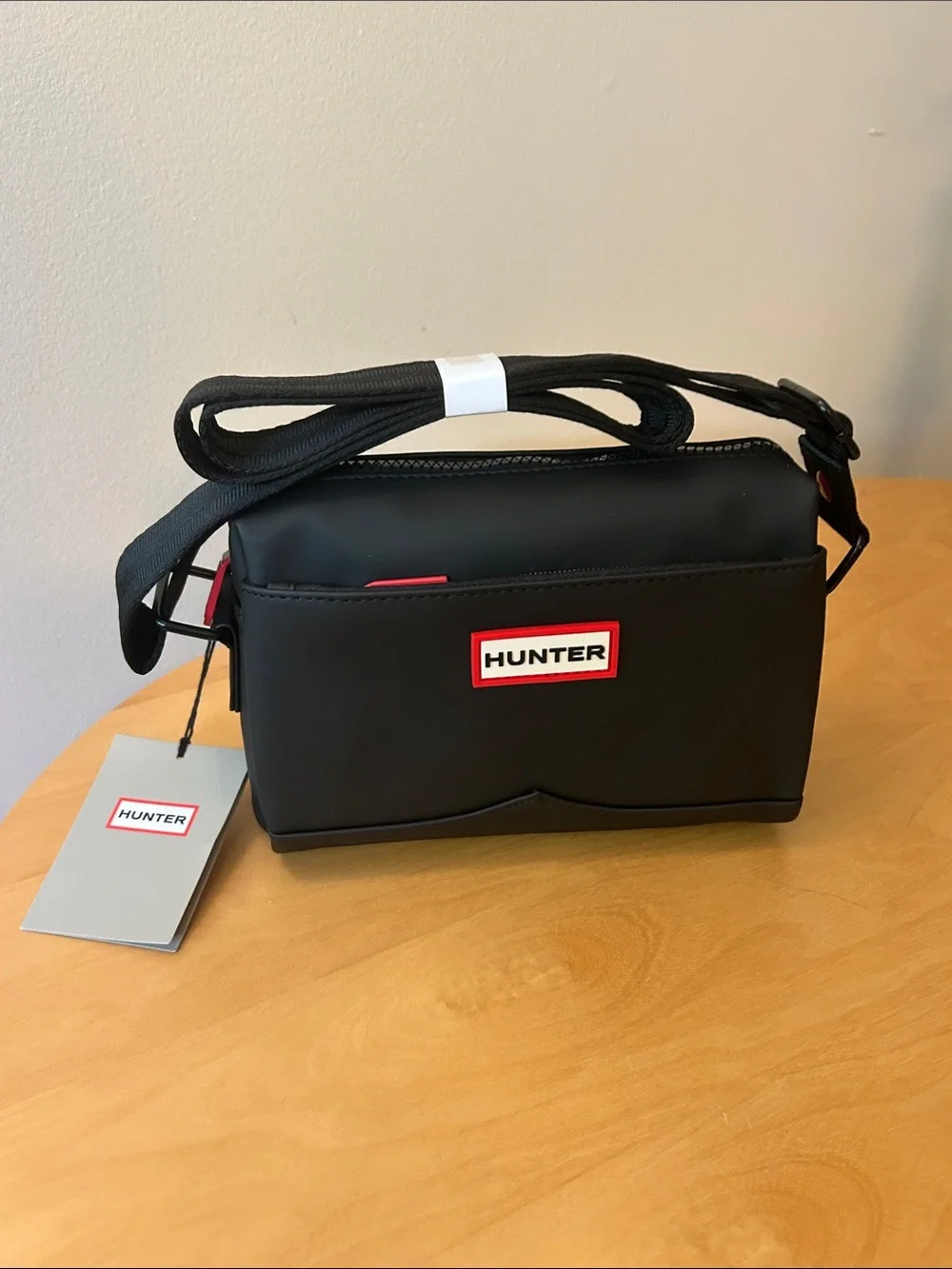 Hunter Black Crossbody Messenger Bag with Red Logo Accents